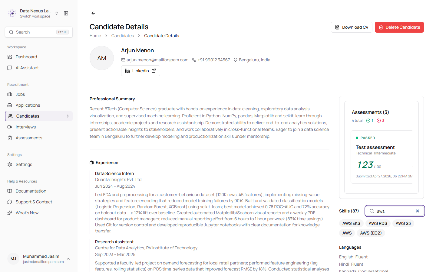 Searching within a candidate's skills