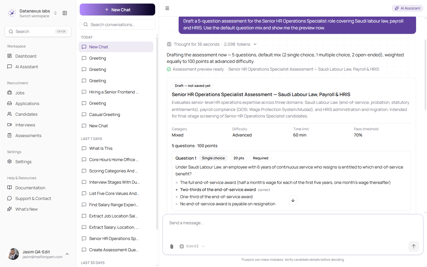 An assessment draft in the assistant