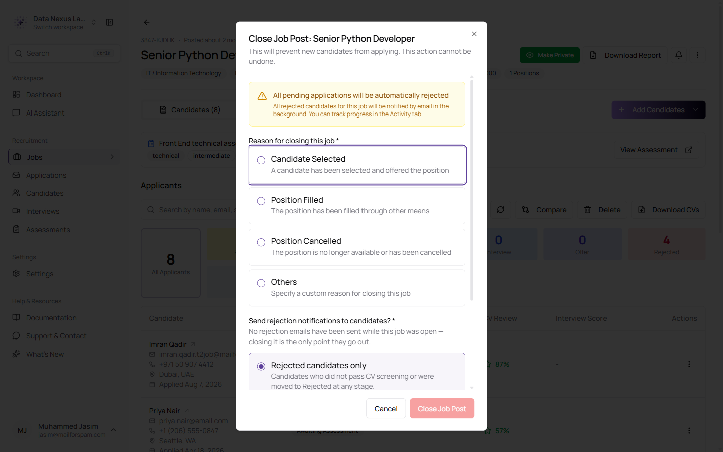 Closing a job, with rejection email options