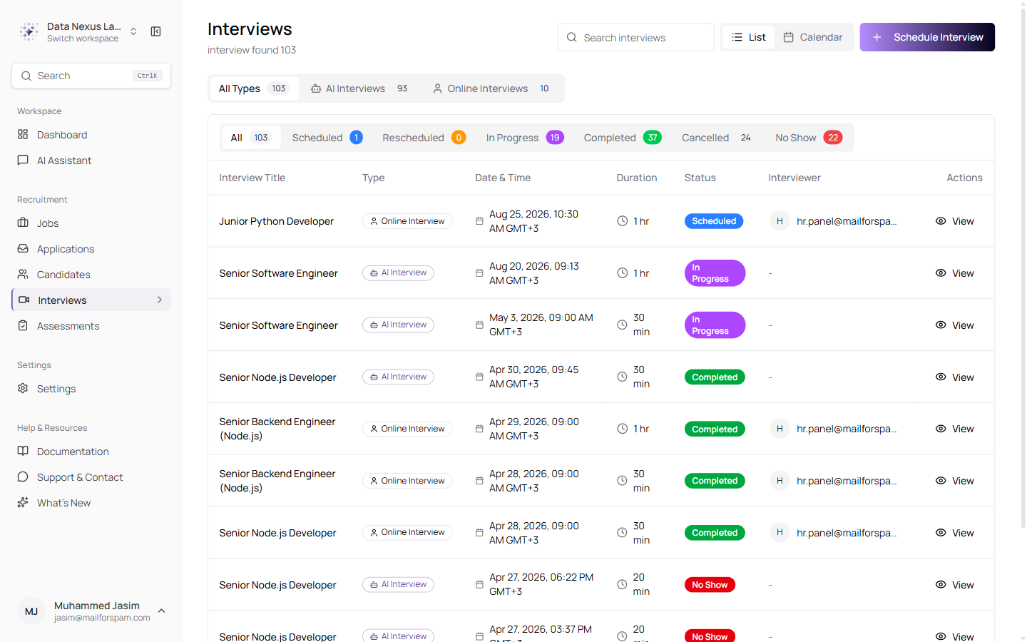 AI and Online interview tabs