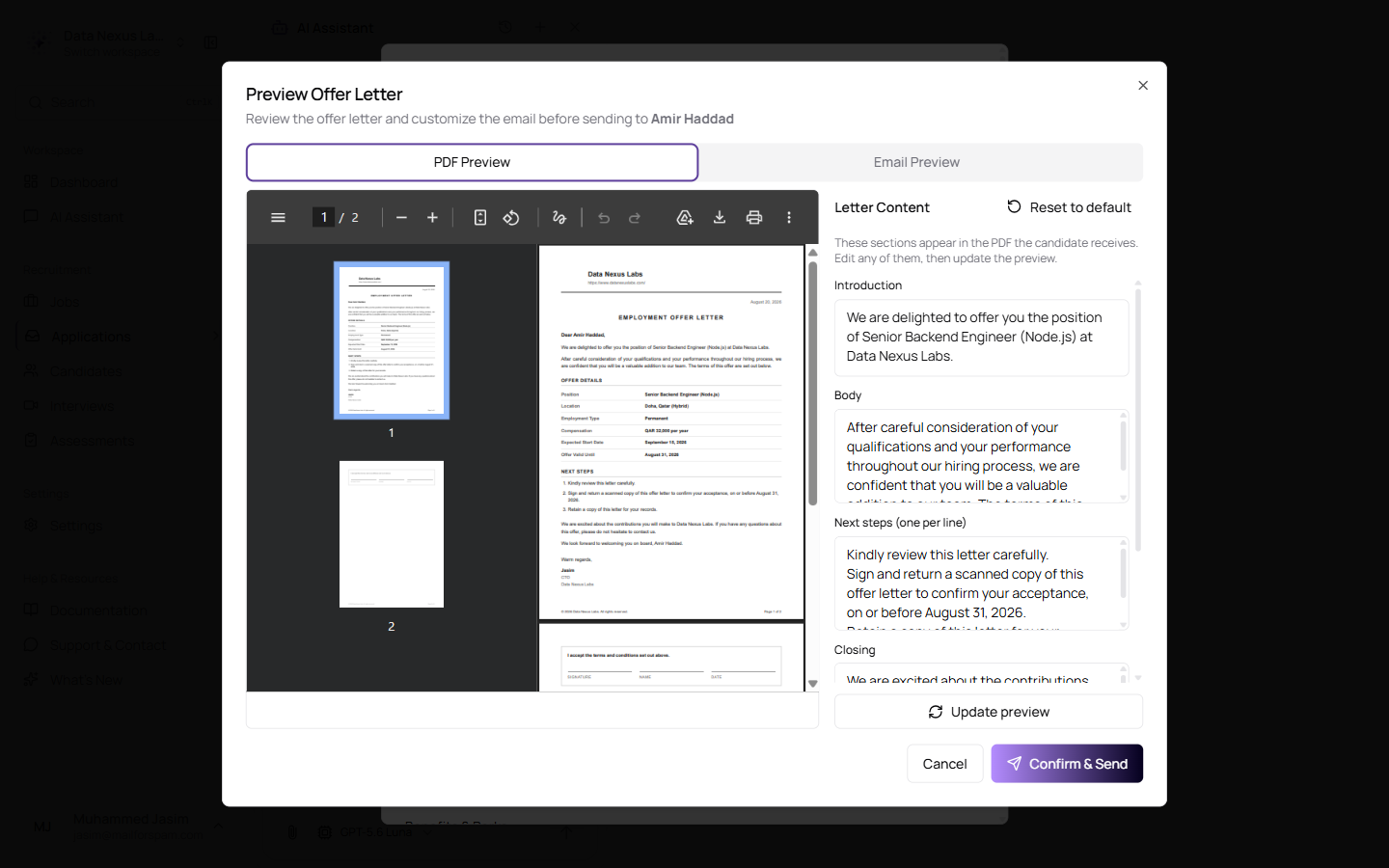 Editing and previewing an offer letter