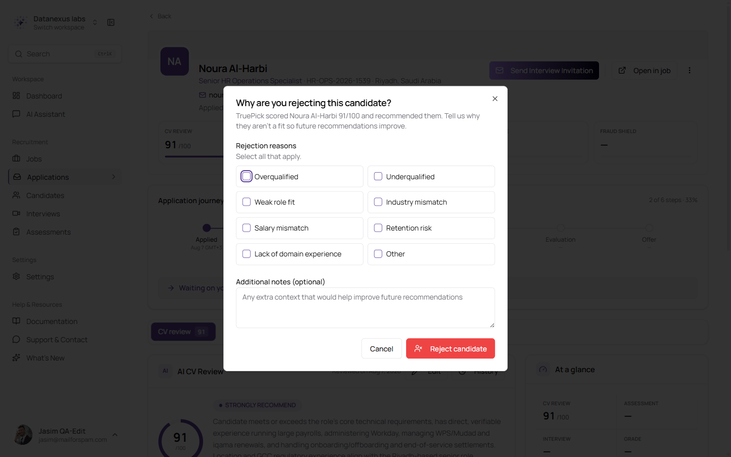 The rejection reason window