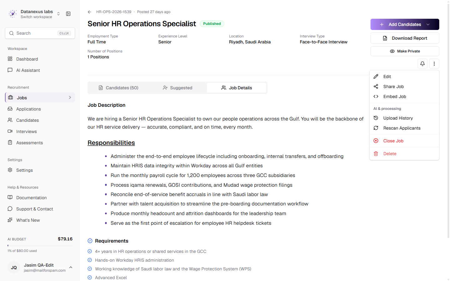 The job header's facts grid and grouped actions menu