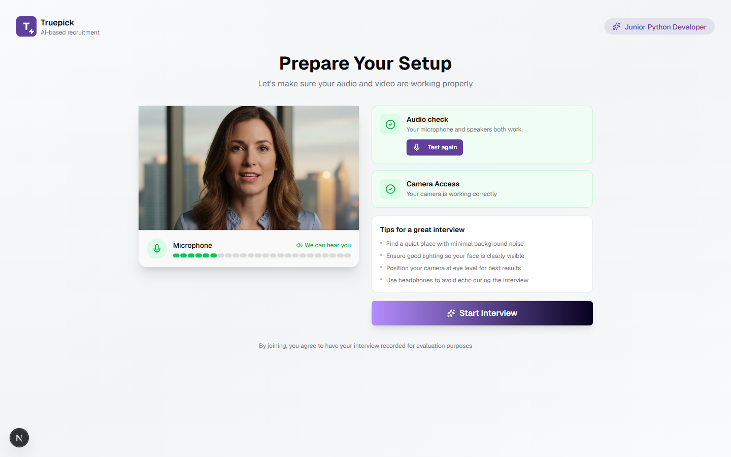 The pre-join setup screen, camera and audio both confirmed working, Start Interview enabled
